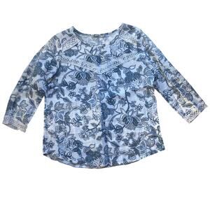 Elena Baldi Cottage Floral Lace Trim Linen Blouse Size L Coastal Twee